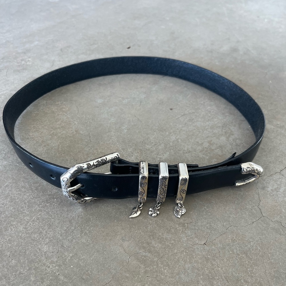 Brighton Black Leather Belt with Silver Floral Buckle
